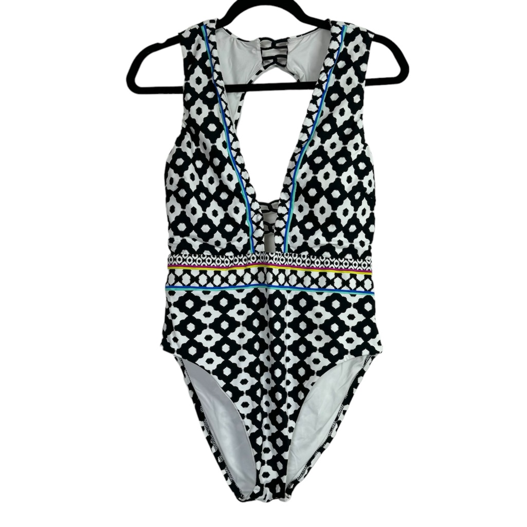 Trina Turk Swimsuit Onyx Ikat Vneck One Piece New